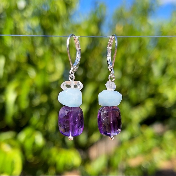 Genuine Amethyst, Aquamarine & Herkimer Diamond Earrings! - Picture 4 of 6